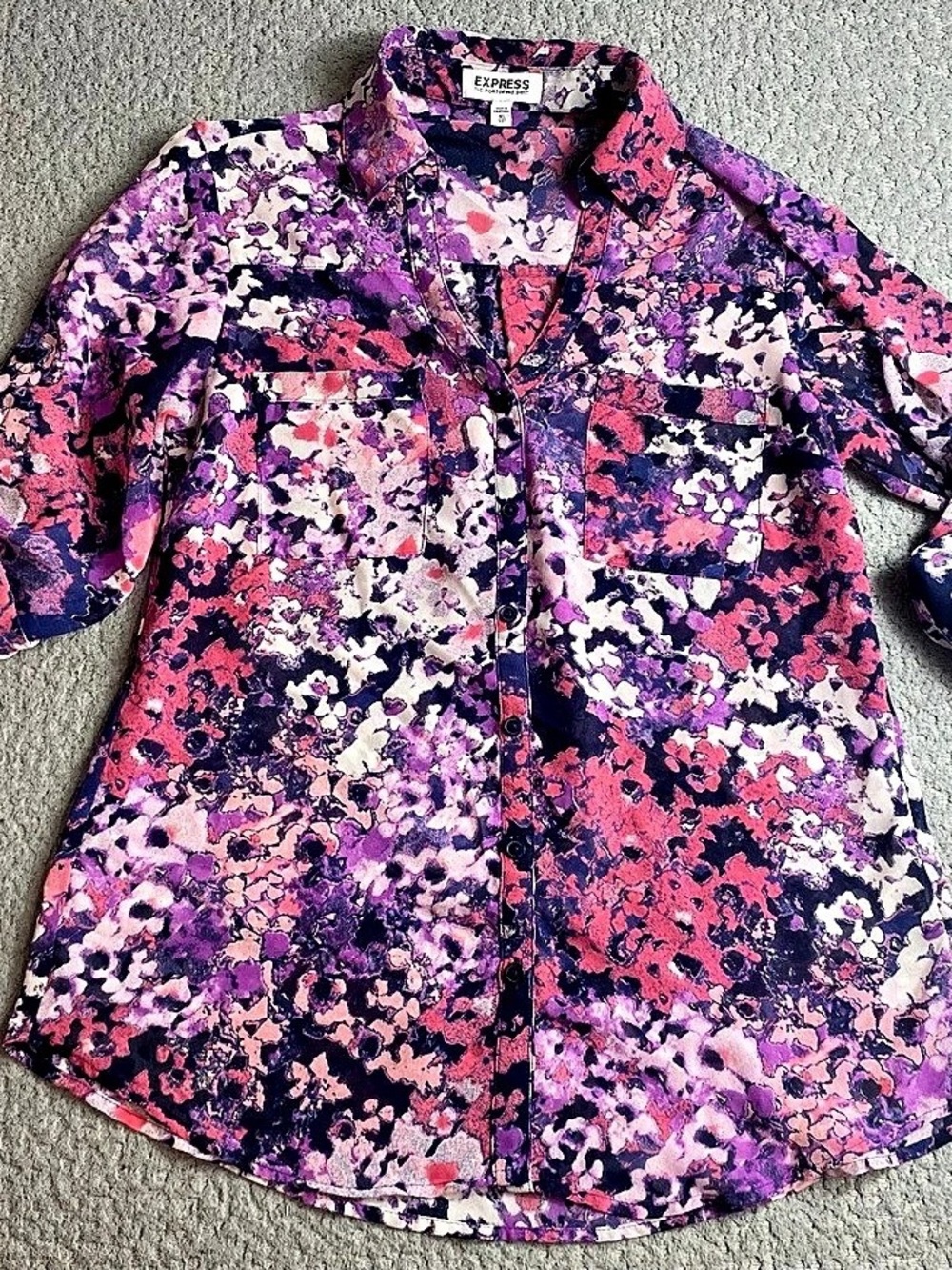 Express The Portofino Shirt Floral Button Down Shirt Purple Pink Size XS